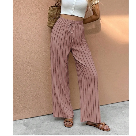 Striped Stretchy High Waisted Wide leg Trouser Pants - Picture 1 of 7